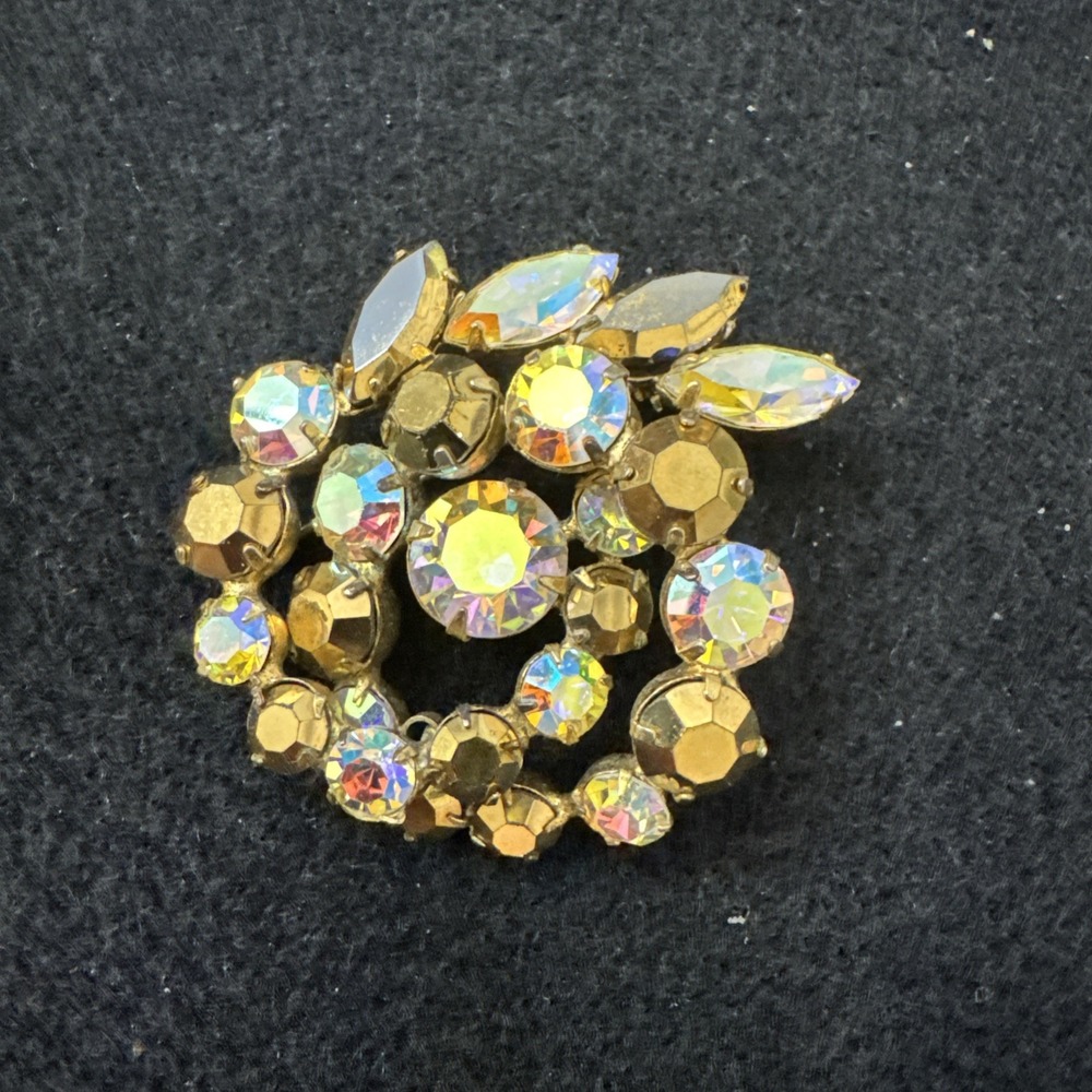 Vintage Signed Regency Champagne AB Aurora Borealis Rhinestone Pin Brooch Swirl